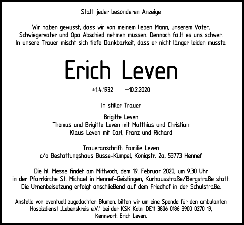  Traueranzeige für Erich Leven vom 13.02.2020 aus Kölner Stadt-Anzeiger / Kölnische Rundschau / Express