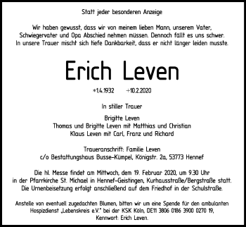 Anzeige von Erich Leven von Kölner Stadt-Anzeiger / Kölnische Rundschau / Express