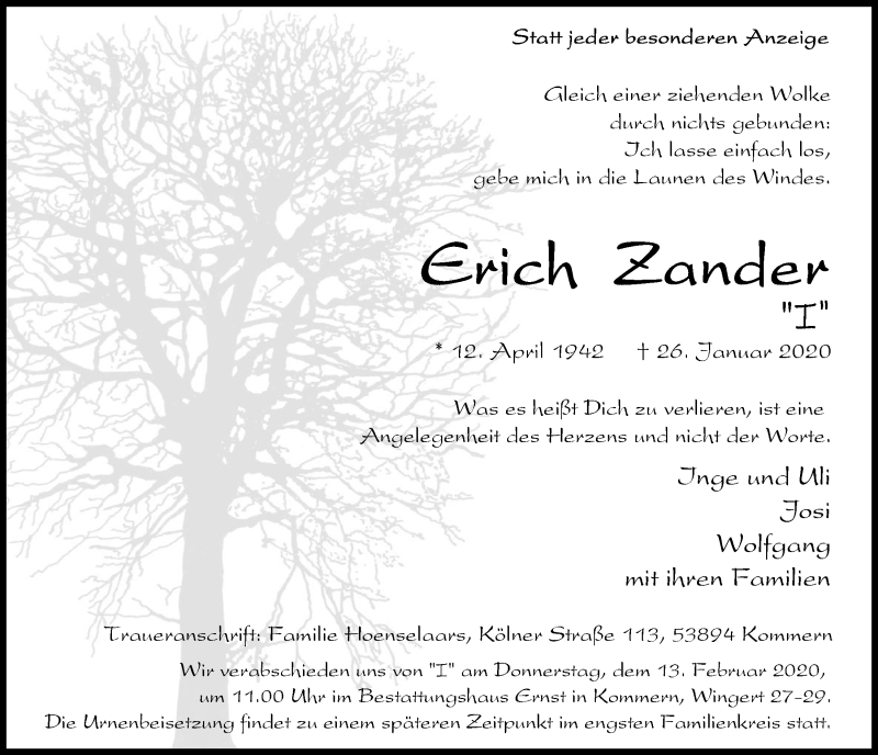  Traueranzeige für Erich Zander vom 08.02.2020 aus  Blickpunkt Euskirchen 