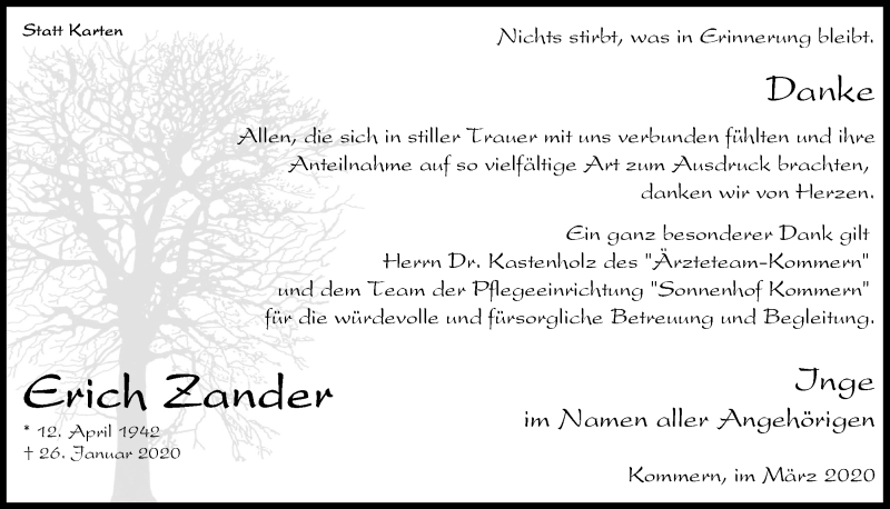  Traueranzeige für Erich Zander vom 29.02.2020 aus  Blickpunkt Euskirchen 