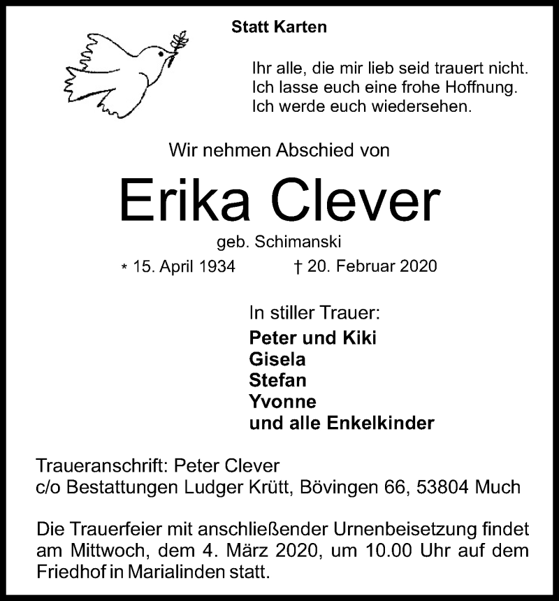  Traueranzeige für Erika Clever vom 29.02.2020 aus Kölner Stadt-Anzeiger / Kölnische Rundschau / Express