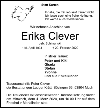 Anzeige von Erika Clever von Kölner Stadt-Anzeiger / Kölnische Rundschau / Express