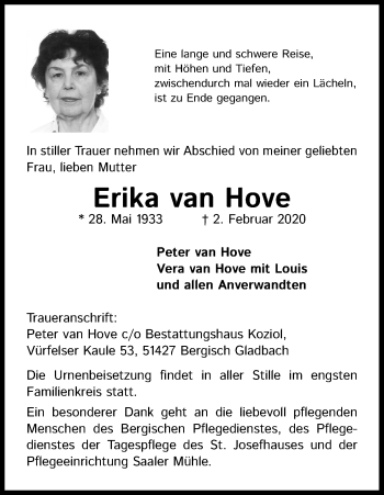 Anzeige von Erika van Hove von Kölner Stadt-Anzeiger / Kölnische Rundschau / Express