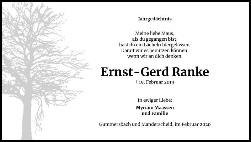  Traueranzeige für Ernst-Gerd Ranke vom 19.02.2020 aus Kölner Stadt-Anzeiger / Kölnische Rundschau / Express