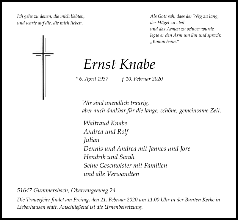  Traueranzeige für Ernst Knabe vom 14.02.2020 aus Kölner Stadt-Anzeiger / Kölnische Rundschau / Express