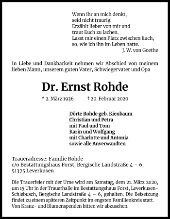 Anzeige von Ernst Rohde von Kölner Stadt-Anzeiger / Kölnische Rundschau / Express