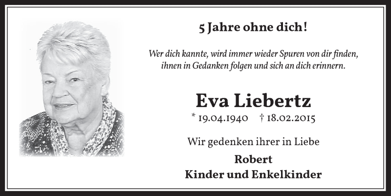  Traueranzeige für Eva Liebertz vom 19.02.2020 aus  Wochenende 
