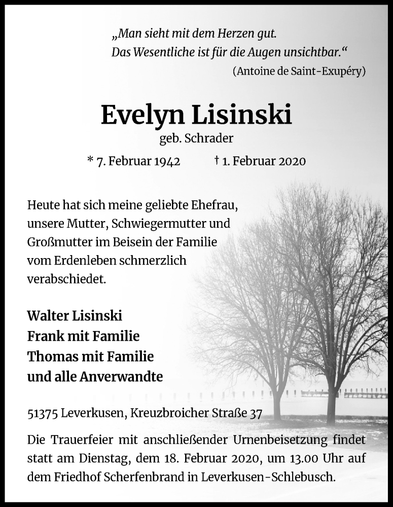  Traueranzeige für Evelyn Lisinski vom 08.02.2020 aus Kölner Stadt-Anzeiger / Kölnische Rundschau / Express