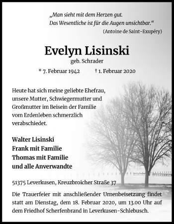 Anzeige von Evelyn Lisinski von Kölner Stadt-Anzeiger / Kölnische Rundschau / Express