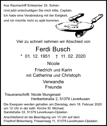 Anzeige von Ferdi Busch von Kölner Stadt-Anzeiger / Kölnische Rundschau / Express