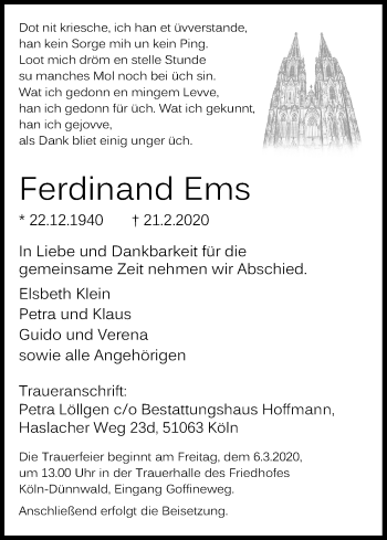 Anzeige von Ferdinand Ems von Kölner Stadt-Anzeiger / Kölnische Rundschau / Express