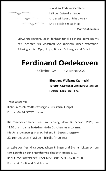 Anzeige von Ferdinand Oedekoven von Kölner Stadt-Anzeiger / Kölnische Rundschau / Express
