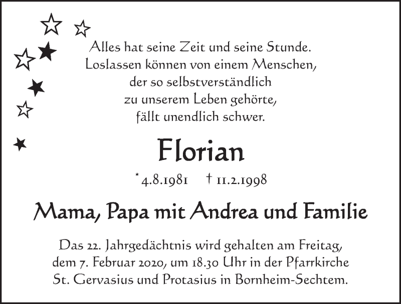 Traueranzeige für Florian  vom 05.02.2020 aus  Schlossbote/Werbekurier 