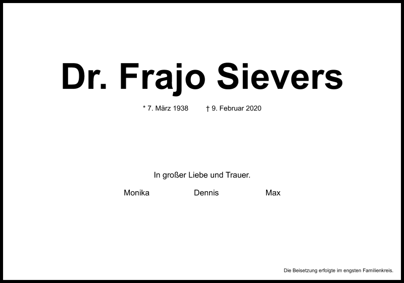  Traueranzeige für Frajo Sievers vom 29.02.2020 aus Kölner Stadt-Anzeiger / Kölnische Rundschau / Express