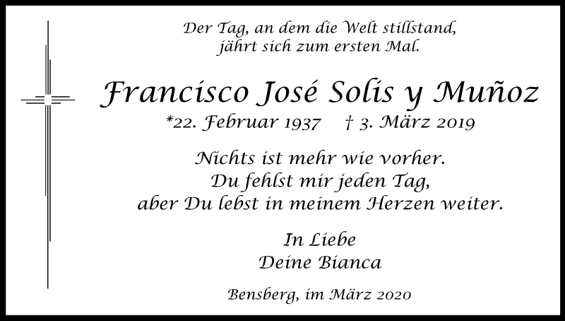  Traueranzeige für Francisco José Solis y Muñoz vom 29.02.2020 aus Kölner Stadt-Anzeiger / Kölnische Rundschau / Express