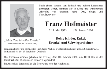 Anzeige von Franz Hofmeister von  Werbepost 