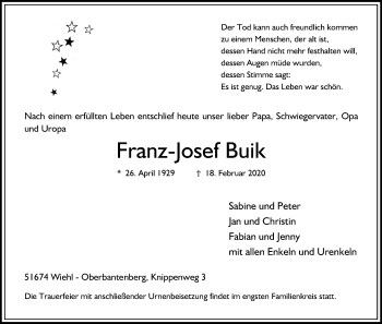 Anzeige von Franz-Josef Buik von Kölner Stadt-Anzeiger / Kölnische Rundschau / Express