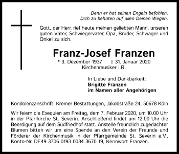 Anzeige von Franz-Josef Franzen von Kölner Stadt-Anzeiger / Kölnische Rundschau / Express