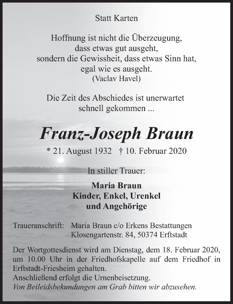  Traueranzeige für Franz-Joseph Braun vom 12.02.2020 aus  Werbepost 