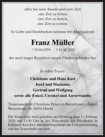 Anzeige von Franz Müller von  Wochenende  Werbepost 
