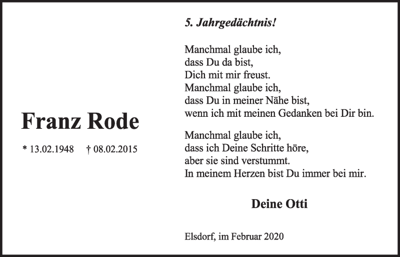  Traueranzeige für Franz Rode vom 18.07.2023 aus  Sonntags-Post 