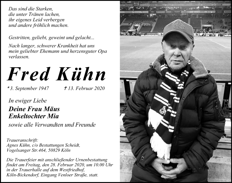  Traueranzeige für Fred Kühn vom 22.02.2020 aus Kölner Stadt-Anzeiger / Kölnische Rundschau / Express