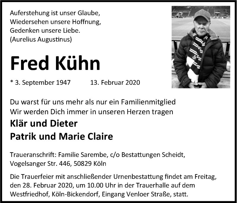  Traueranzeige für Fred Kühn vom 22.02.2020 aus Kölner Stadt-Anzeiger / Kölnische Rundschau / Express