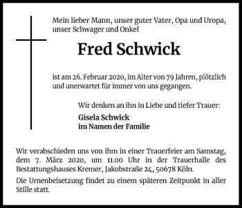 Anzeige von Fred Schwick von Kölner Stadt-Anzeiger / Kölnische Rundschau / Express