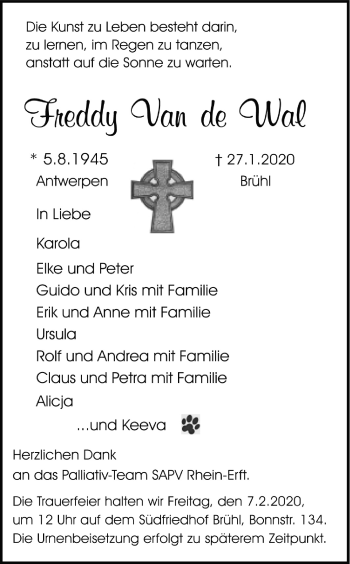 Anzeige von Freddy Van de Wal von Kölner Stadt-Anzeiger / Kölnische Rundschau / Express