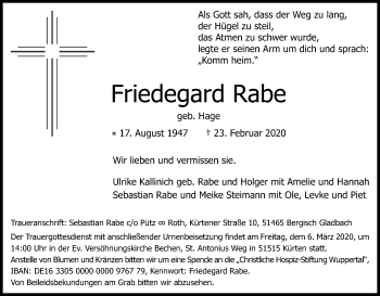 Anzeige von Friedegard Rabe von Kölner Stadt-Anzeiger / Kölnische Rundschau / Express