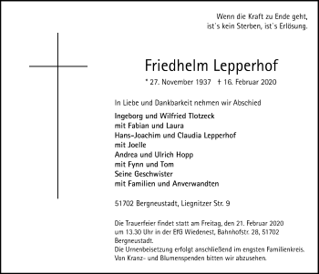 Anzeige von Friedhelm Lepperhof von  Anzeigen Echo 
