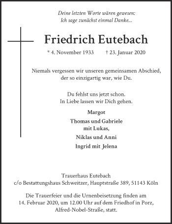 Anzeige von Friedrich Eutebach von  Kölner Wochenspiegel 