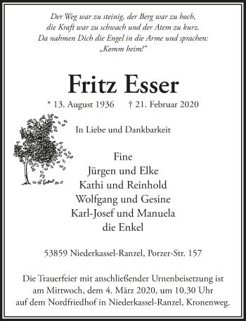 Anzeige von Fritz Esser von  Sonntags-Post 