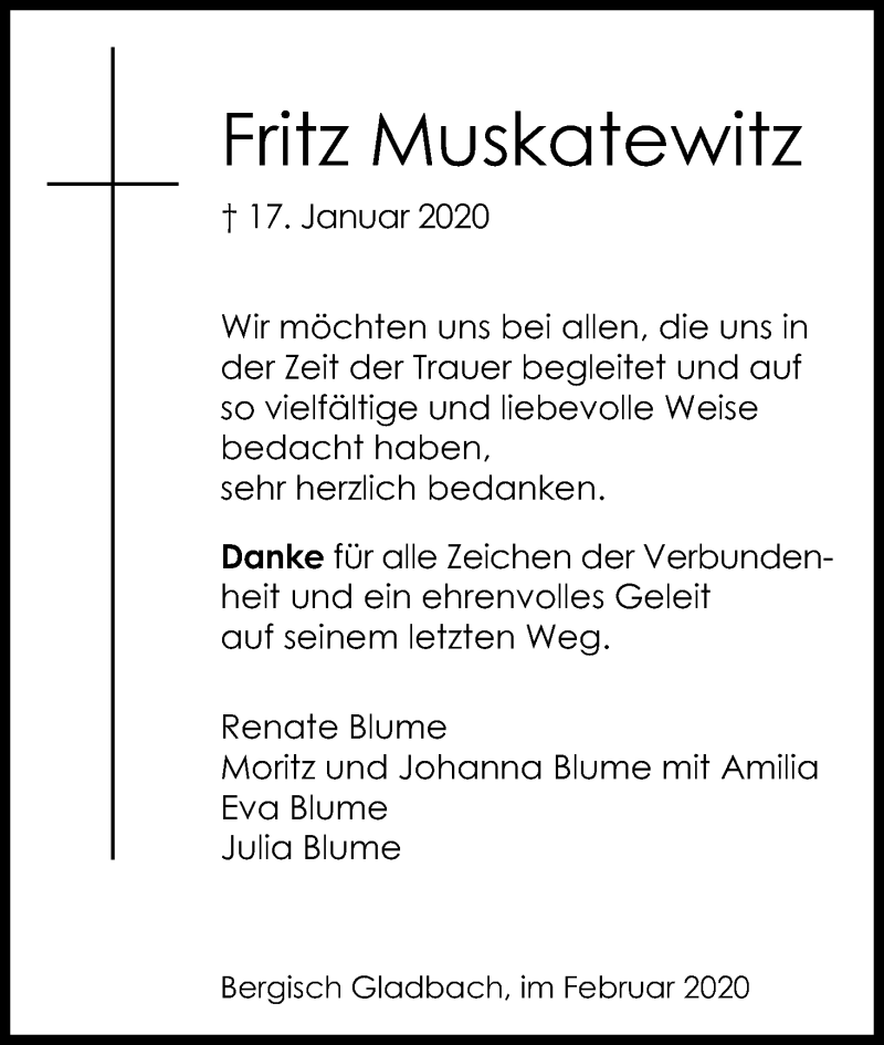  Traueranzeige für Fritz Muskatewitz vom 29.02.2020 aus Kölner Stadt-Anzeiger / Kölnische Rundschau / Express