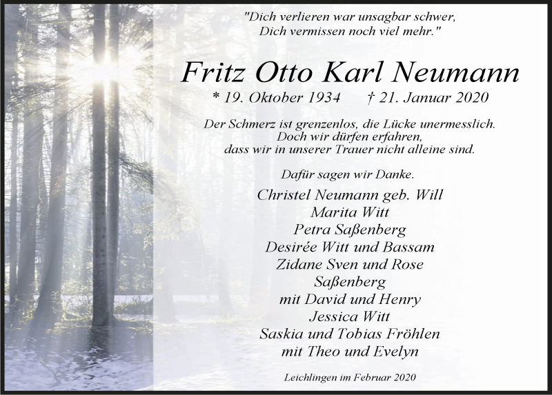  Traueranzeige für Fritz Otto Karl Neumann vom 19.02.2020 aus  Lokale Informationen 