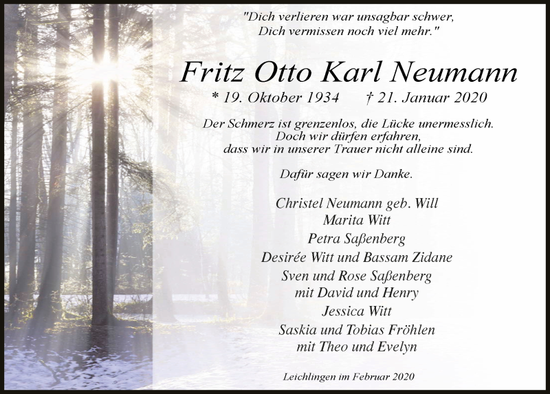  Traueranzeige für Fritz Otto Karl Neumann vom 29.02.2020 aus  Leverkusener Wochenende 