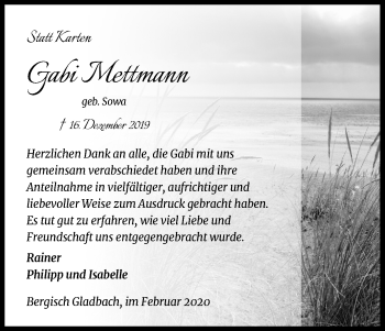 Anzeige von Gabi Mettmann von Kölner Stadt-Anzeiger / Kölnische Rundschau / Express
