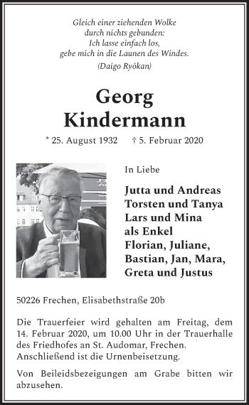 Anzeige von Georg Kindermann von  Sonntags-Post 