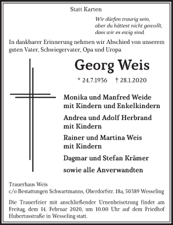 Anzeige von Georg Weis von  Kölner Wochenspiegel  Schlossbote/Werbekurier 