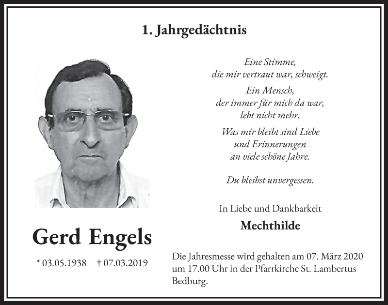  Traueranzeige für Gerd Engels vom 29.02.2020 aus  Sonntags-Post 