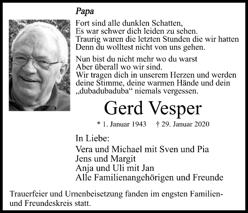 Traueranzeige für Gerd Vesper vom 15.02.2020 aus Kölner Stadt-Anzeiger / Kölnische Rundschau / Express