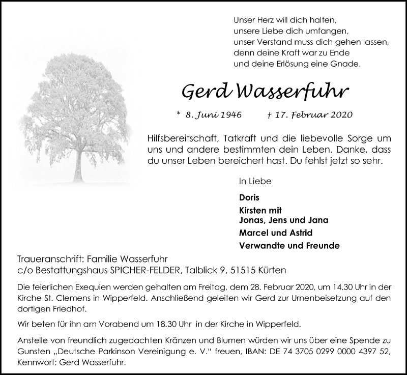  Traueranzeige für Gerd Wasserfuhr vom 22.02.2020 aus Kölner Stadt-Anzeiger / Kölnische Rundschau / Express