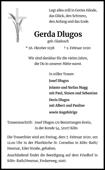 Anzeige von Gerda Dlugos von Kölner Stadt-Anzeiger / Kölnische Rundschau / Express
