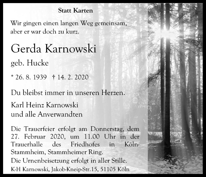  Traueranzeige für Gerda Karnowski vom 21.02.2020 aus Kölner Stadt-Anzeiger / Kölnische Rundschau / Express