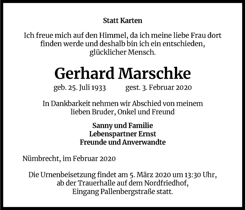  Traueranzeige für Gerhard Marschke vom 29.02.2020 aus Kölner Stadt-Anzeiger / Kölnische Rundschau / Express