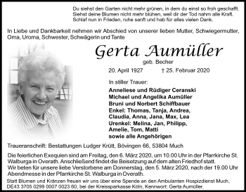Anzeige von Gerta Aumüller von Kölner Stadt-Anzeiger / Kölnische Rundschau / Express