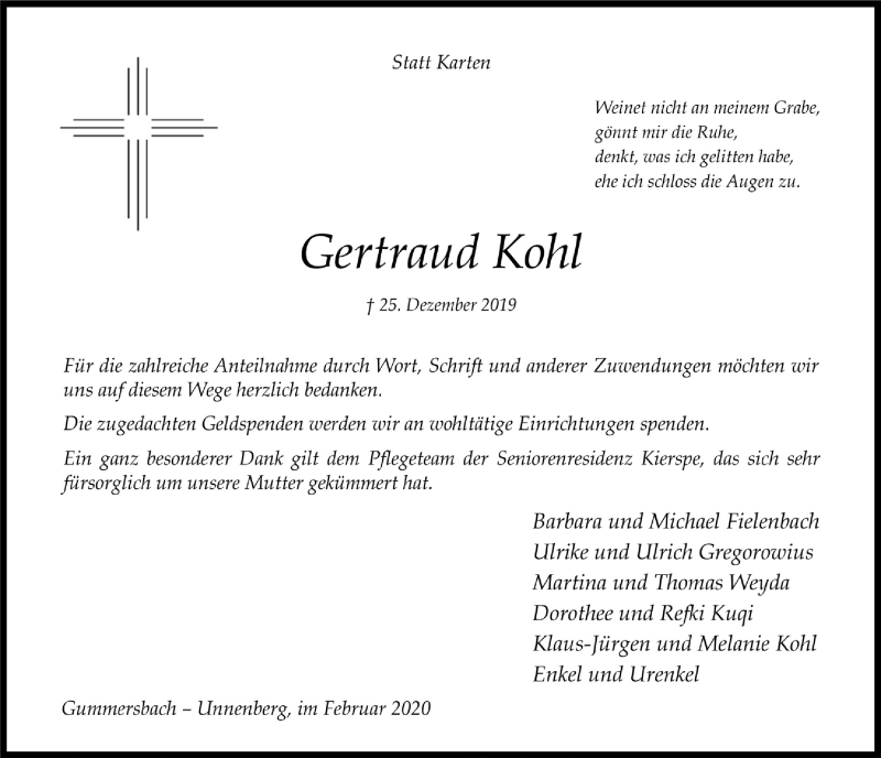  Traueranzeige für Gertraud Kohl vom 05.02.2020 aus  Anzeigen Echo 