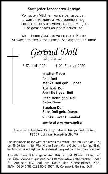 Anzeige von Gertrud Doll von Kölner Stadt-Anzeiger / Kölnische Rundschau / Express