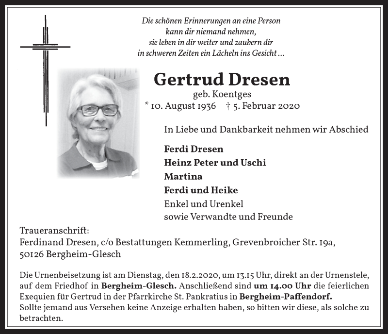  Traueranzeige für Gertrud Dresen vom 12.02.2020 aus  Werbepost 