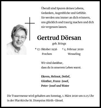 Anzeige von Gertrud Dörsan von Kölner Stadt-Anzeiger / Kölnische Rundschau / Express